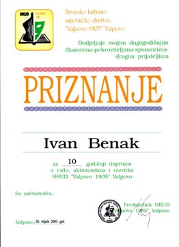 Priznanje HKUD-a „Valpovo 1905.“ za 10 godina rada