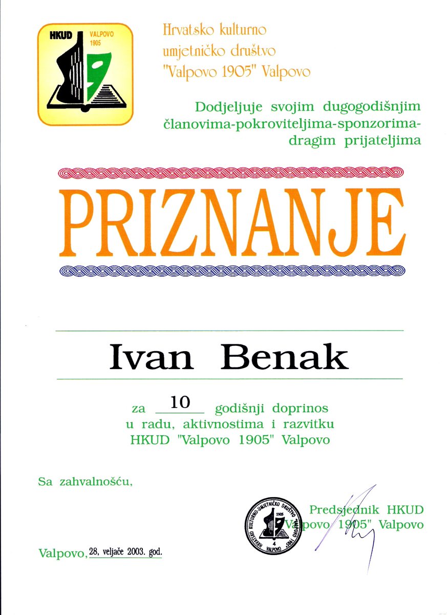 Priznanje HKUD-a „Valpovo 1905.“ za 10 godina rada