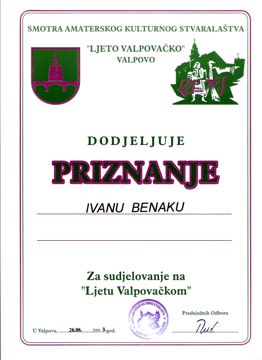 Priznanje za sudjelovanje na „Ljetu valpovačkom“