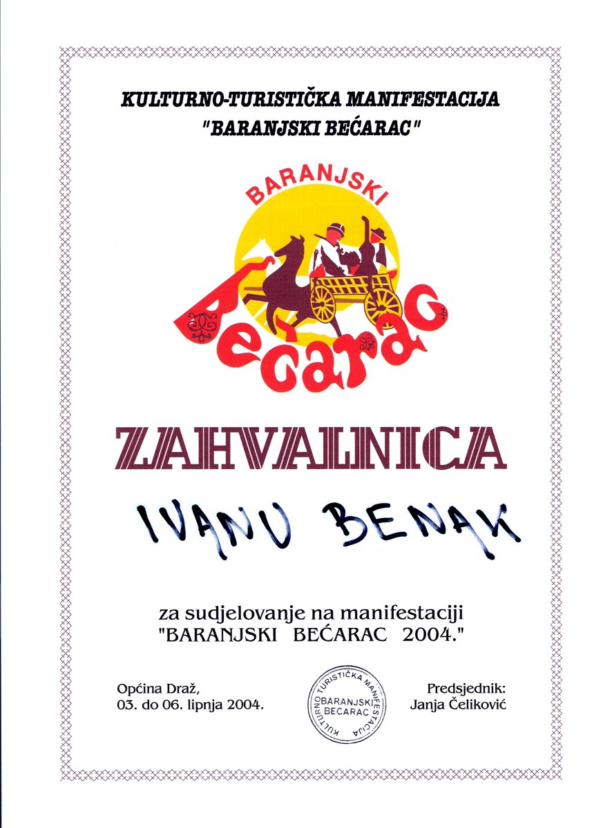 Zahvalnica manifestacije „Baranjski bećarac“, 2004.