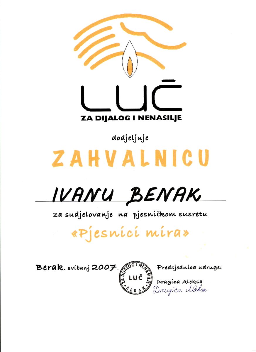 Zahvalnica Udruge za dijalog i nenasilje „Luč“